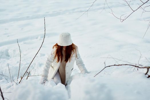 woman smile Winter mood walk white coat travel. High quality photo