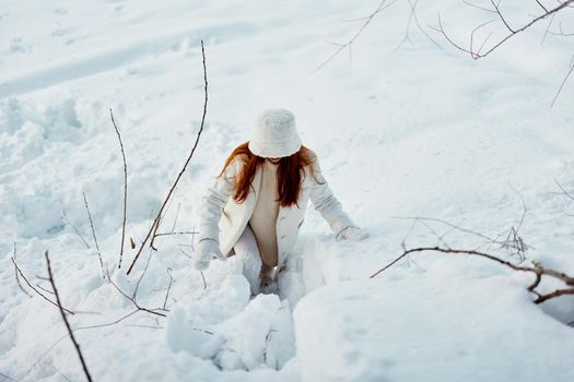 young woman smile Winter mood walk white coat Fresh air. High quality photo