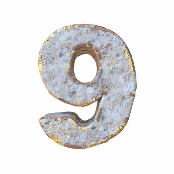Stone with golden metal particles Number 9 NINE 3D rendering illustration isolated on white background