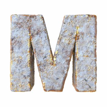 Stone with golden metal particles Letter M 3D rendering illustration isolated on white background