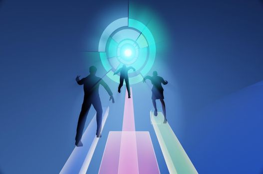 3d illustration . Concept of team work , success . Businessmen and businesswoman go on growing arrow