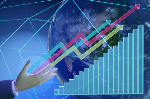 3d illustration.  Businessman hand on to stock market finance graph chart exchange money or growth investment global economy analysis rate on economic technology background