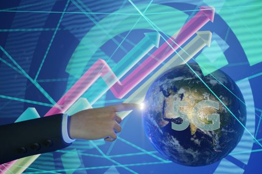 3d illustration . Businessman pointing finger to stock market finance graph chart exchange money or growth investment global economy analysis rate on economic technology background . Concept 5G