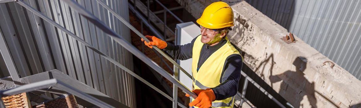 Smiling man engineer wearing safety helmet and work vest while walking up staircase at manufacturing plant