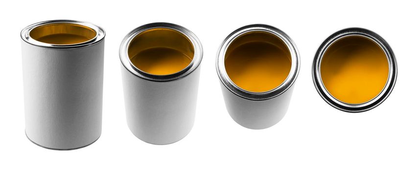 A jar with yellow paint in different angles on a white background.