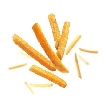 French fries levitate on a white background.