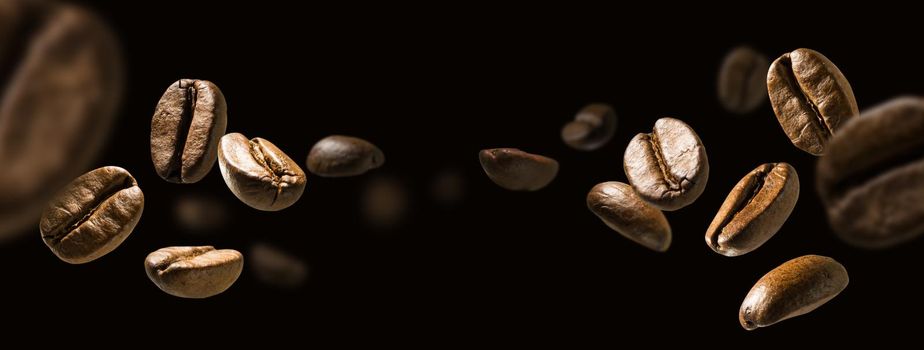 Coffee beans in flight on a dark background.