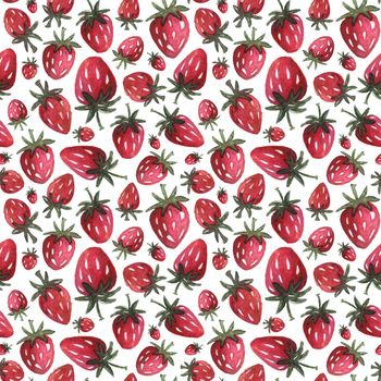 Watercolor seamless pattern with wild berries. Juicy red strawberries on a white background. Ideal for children's textiles, wrapping paper, souvenirs, stationery, posters and prints.