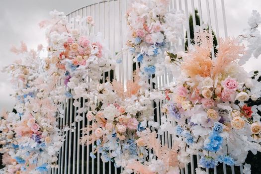 A place for a wedding ceremony on the street. Decorated wedding venue.