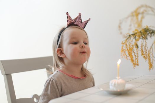 cute little girl blows out candle on a birthday cake at home. Child's birthday.
