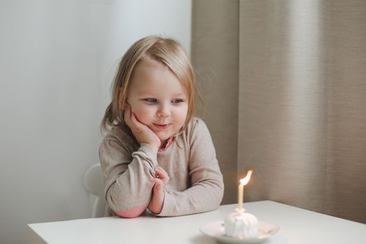 cute little girl blows out candle on a birthday cake at home. Child's birthday.