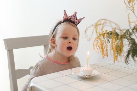 cute little girl blows out candle on a birthday cake at home. Child's birthday.