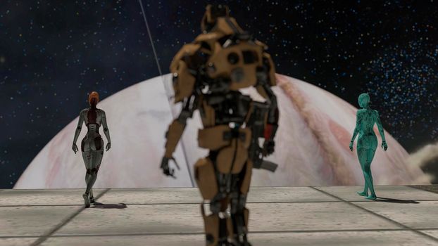 Robot and cyborgs on a space base looking at a big planet - 3D rendering
