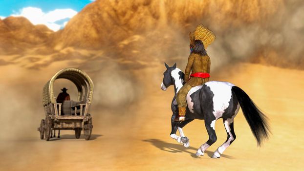 American Indian riding a horse with feathered headdress following a cowboy on a horse carriage - 3d rendering