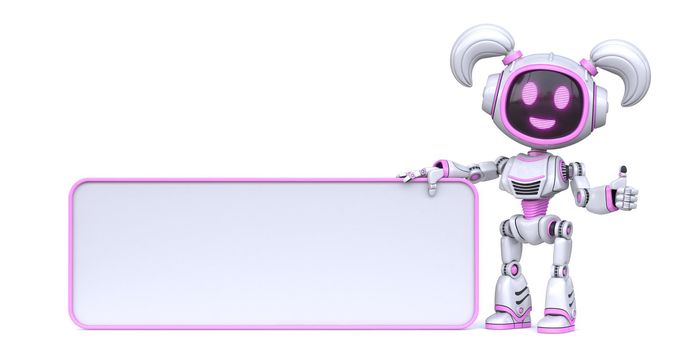 Cute pink girl robot holding blank rectangle board 3D rendering illustration isolated on white background