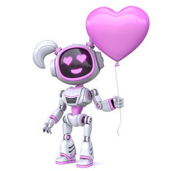 Cute pink girl robot hold heart shaped balloon 3D rendering illustration isolated on white background
