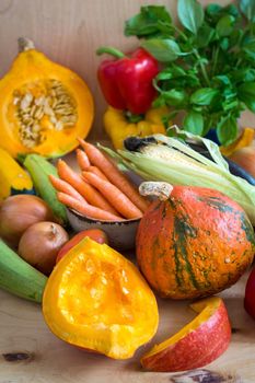 Fresh sliced pumpkin and assorted vegetables. Autumn photo. Healthy eating. Sliced pumpkin, zucchini, squash, bell peppers, carrots, onions, cut garlic, tomatoes, eggplant, corn cob, rucola and basil. Selective focus
