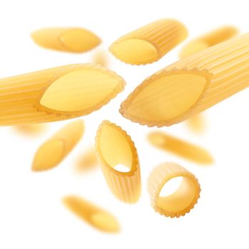 Italian pasta levitating on a white background.