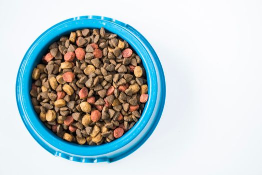 Dog food, dry food for animals, poppy mixed food, high angle view