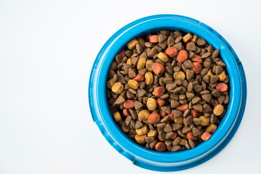 Dog food, dry food for animals, poppy mixed food, high angle view