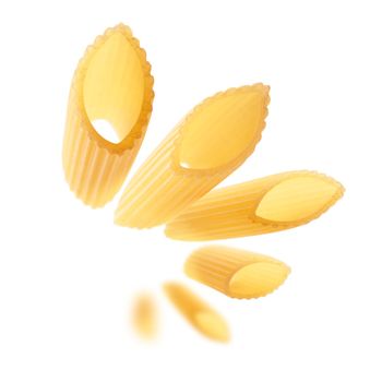 Italian pasta levitating on a white background.