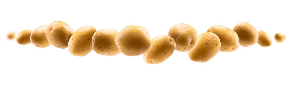 Golden potatoes levitate on a white background.