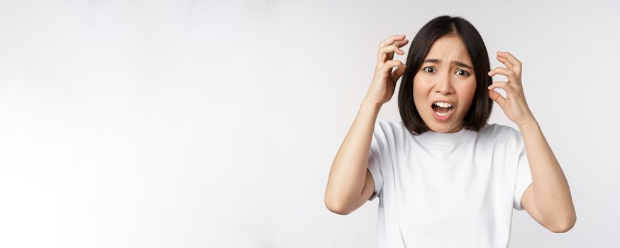 Korean woman freaking out, shaking hands and shouting in panic, screaming worried, standing over white background.