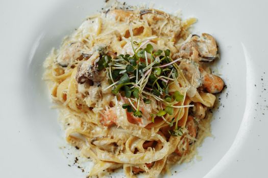 Dish of linguine allo scoglio, typical italian pasta with seafood, Mediterranean Cuisine.
