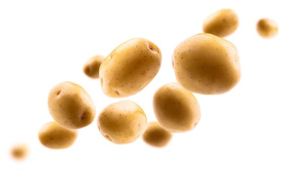 Golden potatoes levitate on a white background.