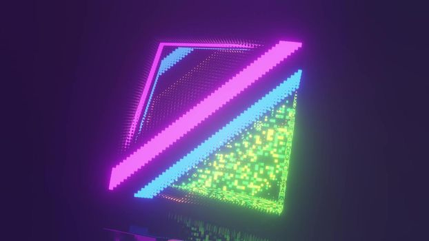 4K UHD 3D illustration of multicolored particles glowing with neon light and forming square in darkness