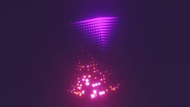 4K UHD 3D illustration of sci fi digital pyramids formed with magenta and purple neon pixels