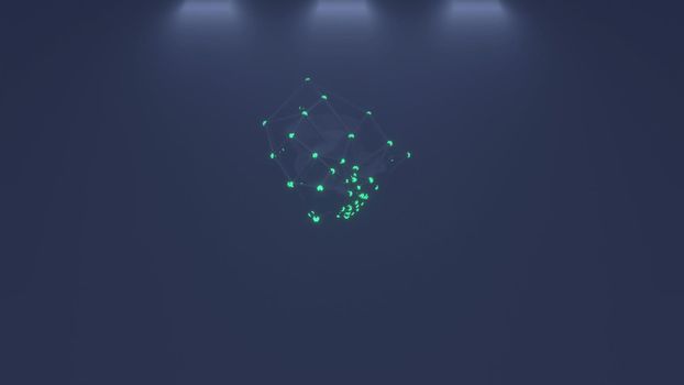 Dark 3d illustration of glowing green lights on geometric figure in 4K UHD quality