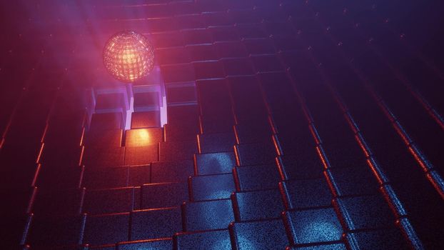 Glowing glass sphere moving on wall made of rows of cubes on 3d 4K UHD illustration