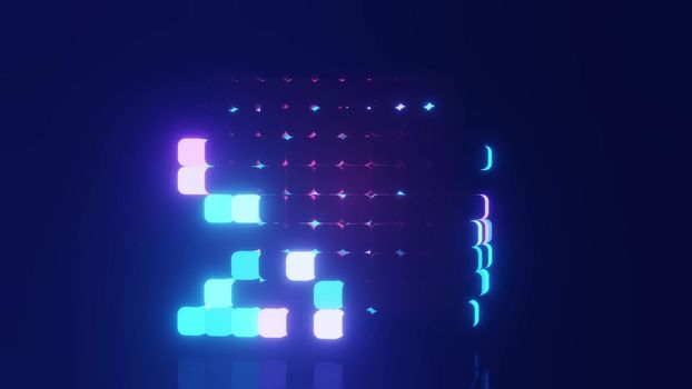 Dark 3d illustration of cube with bright glowing neon block in 4K UHD quality
