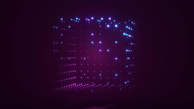 Dark 3d illustration of square shaped pattern made of small glowing purple cubes in 4K UHD quality