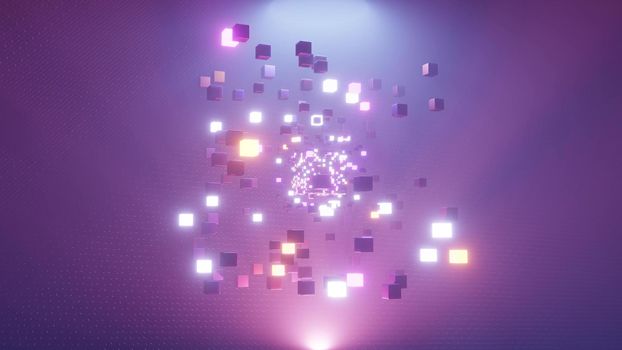 Abstract purple 3d illustration of bright glowing small cubes forming tunnel in 4K UHD quality