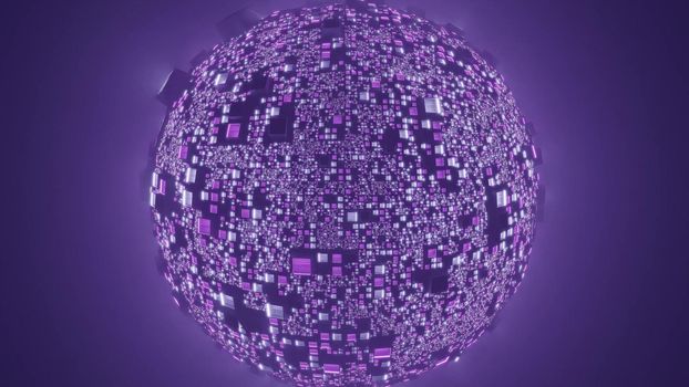 Abstract 3d illustration of sphere representing high tech planet made of cubes on purple 4K UHD background
