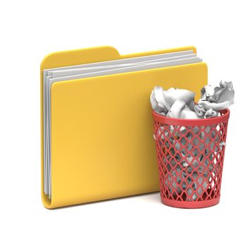 Yellow folder icon Full recycle bin 3D rendering illustration isolated on white background