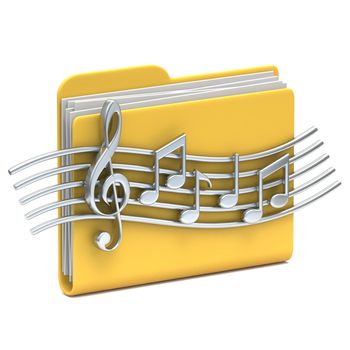 Yellow folder icon Music files 3D rendering illustration isolated on white background