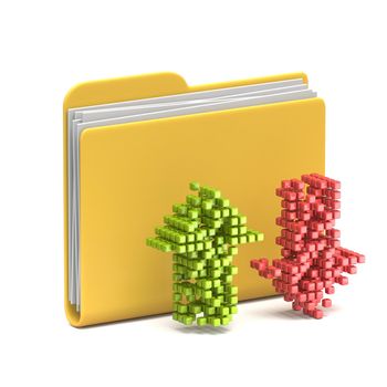 Yellow folder icon Upload and download arrow 3D rendering illustration isolated on white background
