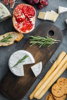 French soft camembert of normandy cheese set, on gray background, top view