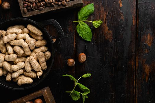 Peanut in a shell set, on old dark wooden table background, top view flat lay, with copy space for text