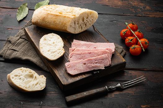 Spam sandwich set, on old dark wooden table background