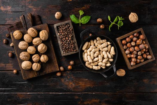 A variety of nuts, peanut, walnut, pine nuts and hazelnut set, on old dark wooden table background, top view flat lay, with copy space for text