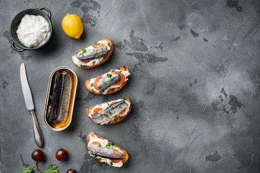 Homemade sardine sandwiches with Ricotta set, on gray stone table background, top view flat lay, with copy space for text