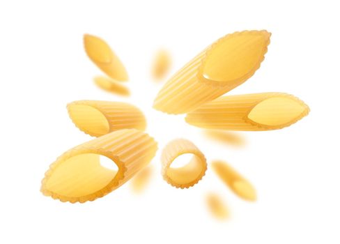 Italian pasta levitating on a white background.