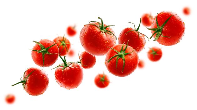 Red tomatoes levitate on a white background.