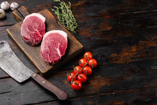 Raw beef meat cut set, on old dark wooden table background, with copy space for text