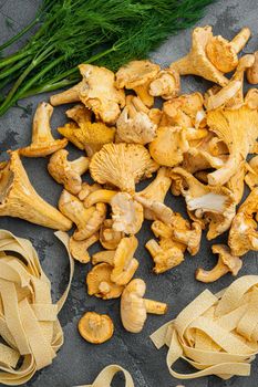 Raw tagliatelle with chanterelle mushrooms ingredients set, on gray stone table background, top view flat lay