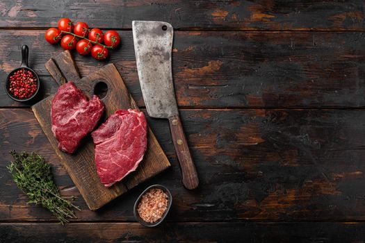 Fresh raw Beef meat Rump Steak set, on old dark wooden table background, top view flat lay, with copy space for text